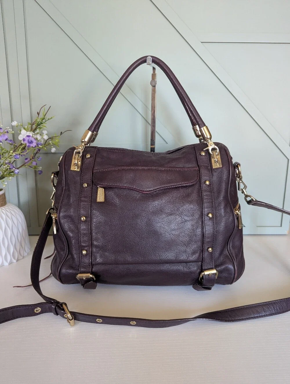 Rebecca Minkoff Plum Leather Shoulder Satchel with Gold Hardware